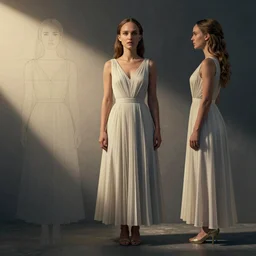 axonometric view of natalie portman, schematics, front view, side view