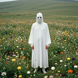 white grim reaper with no face standing at distance looking at you in beautiful meadow of flowers, film photo from 1970s, grainy, high detail, high resolution