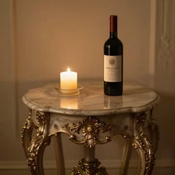 luxurious baroque table with a single candle and wine bottle, warmly lit, zen, soft lighting, romantic