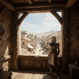 dry arid delicious view from standing inside the interior dingy wooden fort tower looking out at the bustling medieval town streets below atmospheric unreal engine hyperreallistic render 8 k concept art masterpiece screenshot from the video game assassin's creed odyssey 2 7 0 0 k global illumination