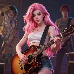 seraphine, from league of legends, au naturel, pink hair, guitar, music, hyper detailed, digital art, trending in artstation, cinematic lighting, studio quality, smooth render, unreal engine 5 rendered, octane rendered, art style by klimt and nixeu and ian sprigger and wlop and krenz cushart