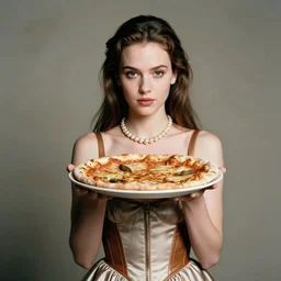 portrait of a young queen holding up a pizza to the camera, pearl necklace, silk dress, leather details, muted colors, soft lighting, sharp focus, neutral background, masterpiece, photo by jimmy nelson, cindy sherman, letizia vestrucci