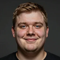 tall chunky man in his twenties with brown blond short regular haircut and round facial structure with cleft chin, straight eyebrows, big blue eyes, smiling, cheekbones, straight nose, wider face, shadow of beard, atmospheric lighting, painted, intricate, 4 k, highly detailed by charlie bowater