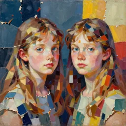 vibrant colors, portrait of twin sisters, painting by shaun tan, detailed, intricate, torn paper decollage, low poly, oil on canvas by edward hopper, ( by mattias adolfsson ), by moebius