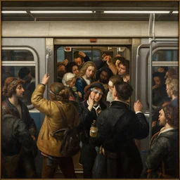 an enormous crowd of people leaving the subway car, renaissance painting