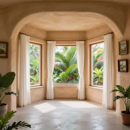 colour 3 5 mm, empty small penthouse interior, open floor, big windows, long white curtains, beautiful wall frames, stucco, indoor tropical plants