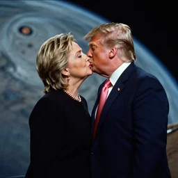 a portrait of hillary clinton and donald trump kissing, alien planet, cinematic, film grain, wide shot, in the style of kubrick, ridley scott, jodorowsky, dune, star wars, unreal engine