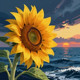 illustration, sunflower in the sea, dynamic composition, detailed, matte print, dynamic perspective, colorful modern, by vladimir kush
