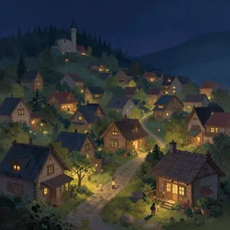 A quaint, magical village at night, digital painting by Alena Aenami, trending on artstation