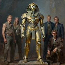 a statue of egyptian mecha, tim hildebrandt, wayne barlowe, bruce pennington, donato giancola, trending on artstation, cinematic composition, beautiful lighting, hyper detailed, 8 k, oil on canvas