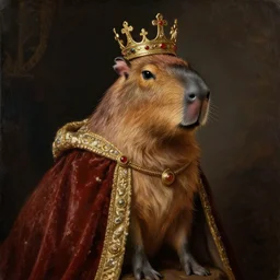 an oil painting portrait of a capybara wearing medieval royal robes and an ornate crown on a dark background