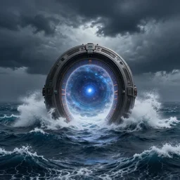 intergalactic stargate portal in the middle of a stormy sea, with waves crashing all around it, style of mediterranean