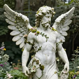 a majestic winged male garden angel with a mossy beard, he is covered in vines and flowers standing in front of a beautiful cottage, a painting by thomas canty and thomas kincade and ross tran, art nouveau, atmospheric lighting, trending on artstation