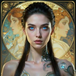 cyberpunk medium shot, very detailed, cgsociety, artstation, female, clean, symmetry, blue eyes, nice clothing, intricate, impossible beauty, golden ratio, eye implant bionic, ponytail, staring in the void, art by krenz cushart and artem demura and alphonse mucha