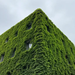 a building covered with small green leaves under a cloudy sky, high detailed