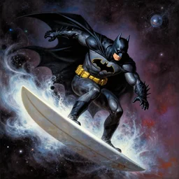 batman surfing the infinite cosmos, grand scale, painting by h. r. giger