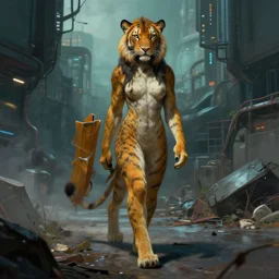 beautiful commissioned artwork of an anthropomorphic liger woman walking through the seedy part of a futuristic city