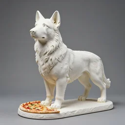 detailed photo of a white shepherd statue made of pizza, various posed, full body, studio light, 8 k, photorealism, intricate detail, museum diffuse lighting