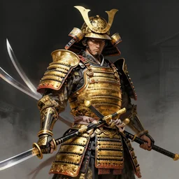 gilded samurai armor warrior blades akimbo ornate intricate design in the style of aoi matsuri digital art, illustration, fantasy, realistic sketch, dark, epic, realistic lighting