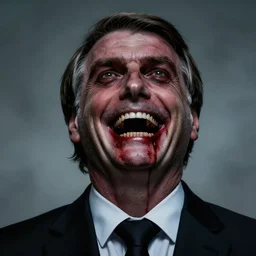 horrifying portrait of dark - bolsonaro, soul redeemer smiling down from above, his gaping jaw dripping with his enemies blood, artstation