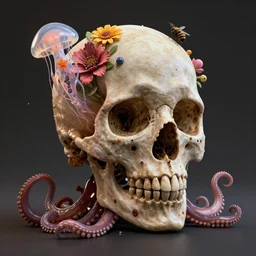 a human Skull mutating into flowers, tentacles, unnatural shapes, jellyfish, insect, octane render, 3d digital art by beeple, unreal engine 5, award winning,