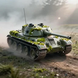 damaged tank drives through foggy moss, realistic, tilt shift style, 4 k, ue 5, lense flair, light rays, cinematic light, by michael bay