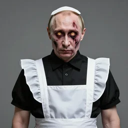 vladimir putin, putin zombie wearing japanese maid dress, glowing eyes, macabre face, by donato giancola and greg rutkowski and wayne barlow and zdzisław beksinski, realistic face, digital art