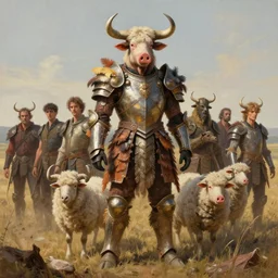 digital painting of joaquin phoenix standing on a vast empty field of crass with an armor made of animals, cow horns, pig nose, sheep wool, chicken feather armor, majestic, by anna podedworna and miklos ligeti, diego maricato, taran fiddler, antonino truisi, chris reddie, jinsung lim, trending on artstation