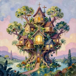 an epic organic and weird underground tree house city. brightly illuminated water. beautiful landscape. digital artwork by vincent bons, michael whelan, remedios varo and gerardo dottori. interesting pastel colour palette. beautiful light. oil and water colour based on high quality render.