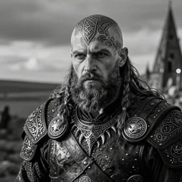 a cinematic view of wide bw photo from a very ornated old rasputin viking, shaved haircut, pigtails beard, showing celtic tattoos in the head, using leather armour with necklace of teeth, marvelous expression, photorealistic, volummetric light, depth of field, detailed, texturized, zeiss lens high professional mode