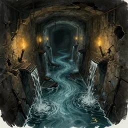 deep water flows through waist - deep sloping flooded sewer tunnels. fantasy art, underground, stream, crumbling masonry, darkness, sewage falling from grates, abandoned spaces, torchlight. sketch, darkest dungeon.
