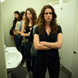 photo of an impatient woman waiting in line for the bathroom taken by annie leibovitz