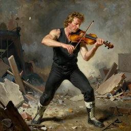 vince mcmahon shredding on a violin in the smouldering rubble of the old wrestling territory system. painting by arnold bocklin