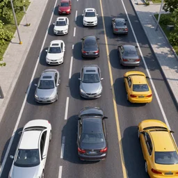 futuristic traffic from top - down view, 3 d render, photorealistic, no clouds, daylight scene