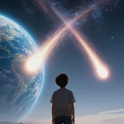 a boy look to sky saw a huge meteor approach to earth, cinematic, hollywood standard, a film directed by christopher nolan