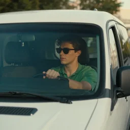 a young guy wearing green shirt and sunglasses is driving a white van down the street, cinematic lighting, establishing shot, art by jordan grimmer