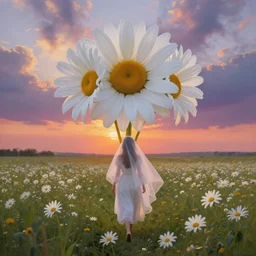 giant white daisy flowers as head crown, girl with veil walking in a flower field, surreal photography, sunrise, dramatic light, impressionist painting, colorful clouds, digital painting, artstation, simon stalenhag