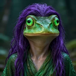 epic portrait cinematic shot an frog goddess, wet purple flowing hair, green glowing eyes, green lips, sweaty skin, hyperrealistic, hyperdetailed, high resolution, uhd, green robes, fine details. night setting. realistic shaded lighting poster by craig mullism, artgerm, jeremy lipkin and michael garmash, unreal engine, radiant light, detailed and intricate environment, digital art, trending on art station,