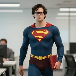 action shot of a superhero consultant, wearing a super suit and a portfolio, glasses, curly hair, corporate, superhuman