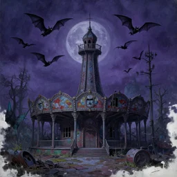 an abandoned amusement park which is haunted, painting by walt disney, twilight, bats are beginning to take flight, very high detail,