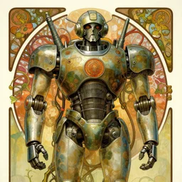 upper half portrait of army mecha robot - wires and vines as poster design borders, art by alphonse mucha & zdzisaw beksinski, highly detailed, digital painting, concept art, illustration, smooth sharp focus, intricate, symmetry, artstation, colourful,