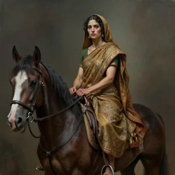portrait painting of a female butcher wearing sari and riding a horse, ultra realistic, concept art, intricate details, eerie, highly detailed, photorealistic, octane render, 8 k, unreal engine. art by artgerm and greg rutkowski and alphonse mucha