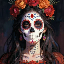 illustration of a sugar skull day of the dead girl, art by katsuya terada
