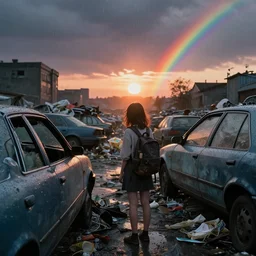 detailed lonely girl with backpack standing at cars looking for food at garbage dump, destroyed cars, city is pure wasteland, moody sunset in background, save the planet, rays of sunlights, ( ( ( rainy day, rainbow ) ) ) high details, sharp, photorealism, cinematic, greg rutkowski, alphonse mucha, trending on artstation, artgerm, unreal engine, breathtaking, award winning, highly detailed
