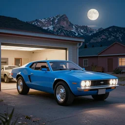 a cinematic keyframe matte painting of a sleek 1 9 7 0 s vaporwave concept vehicle retro - futurism sci - fi skey blue ford bronco car in an open garage in the colorado, view from the street. in the moonlight. rocky mountains. by eric lafforgue, glennray tutor and edward hopper, greg rutkowski. trending on artstation.