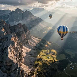sky parade of zeppelins flying over swirling dolomites, birds eye view, casting shadows, light rays