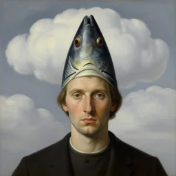 portrait of a man with fish head, clouds in the background, by rene magritte, detailed painting, distance, middle centered, hd, hq, high resolution, high detail, 4 k, 8 k