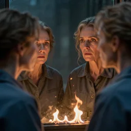 an ultra realistic, cinematic, fantasy, portrait, of a woman, looking in mirror at older self, fire, dramatic, soft light, dreamy, facial features, stood in a cell, with prison clothing, detailed, deep focus, movie still, dramatic lighting, ray tracing, by michal karcz and yoshitaka