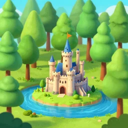 forest of many cartoon style trees 3 d, river with an island of a cartoon medieval castle, colourful, blue sky