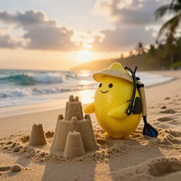 5 0 mm photograph, of a real anthropomorphic lemon character, fit body, with lemon skin texture, it is wearing a hat and scuba diving, building a sandcastle on the beach at sunset, beach, huge waves, sun, clouds, tropical trees, rim light, cinematic photography, professional, sand, sandcastle, volumetric lightening